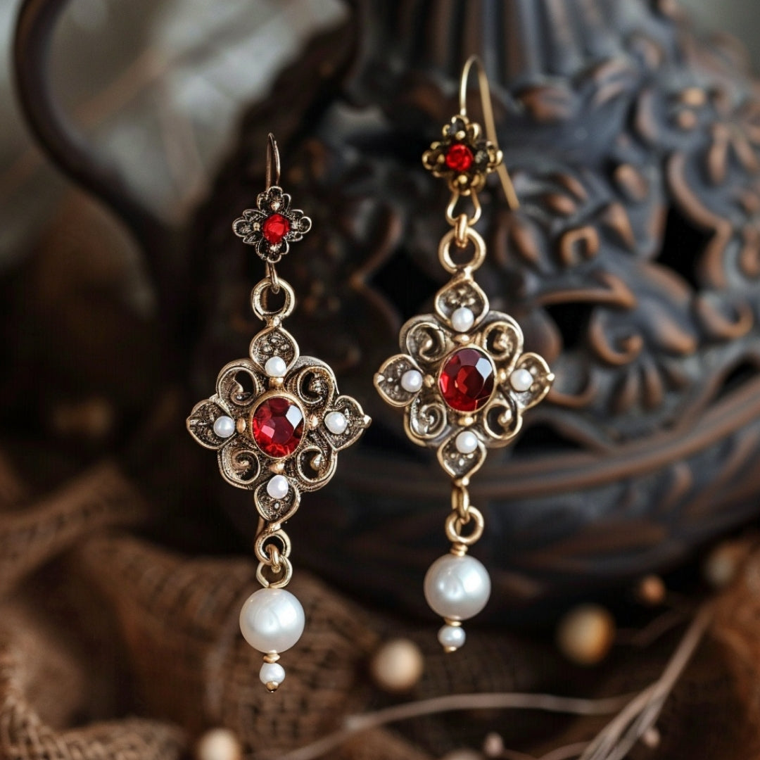 Aretes Rojos con Perlas