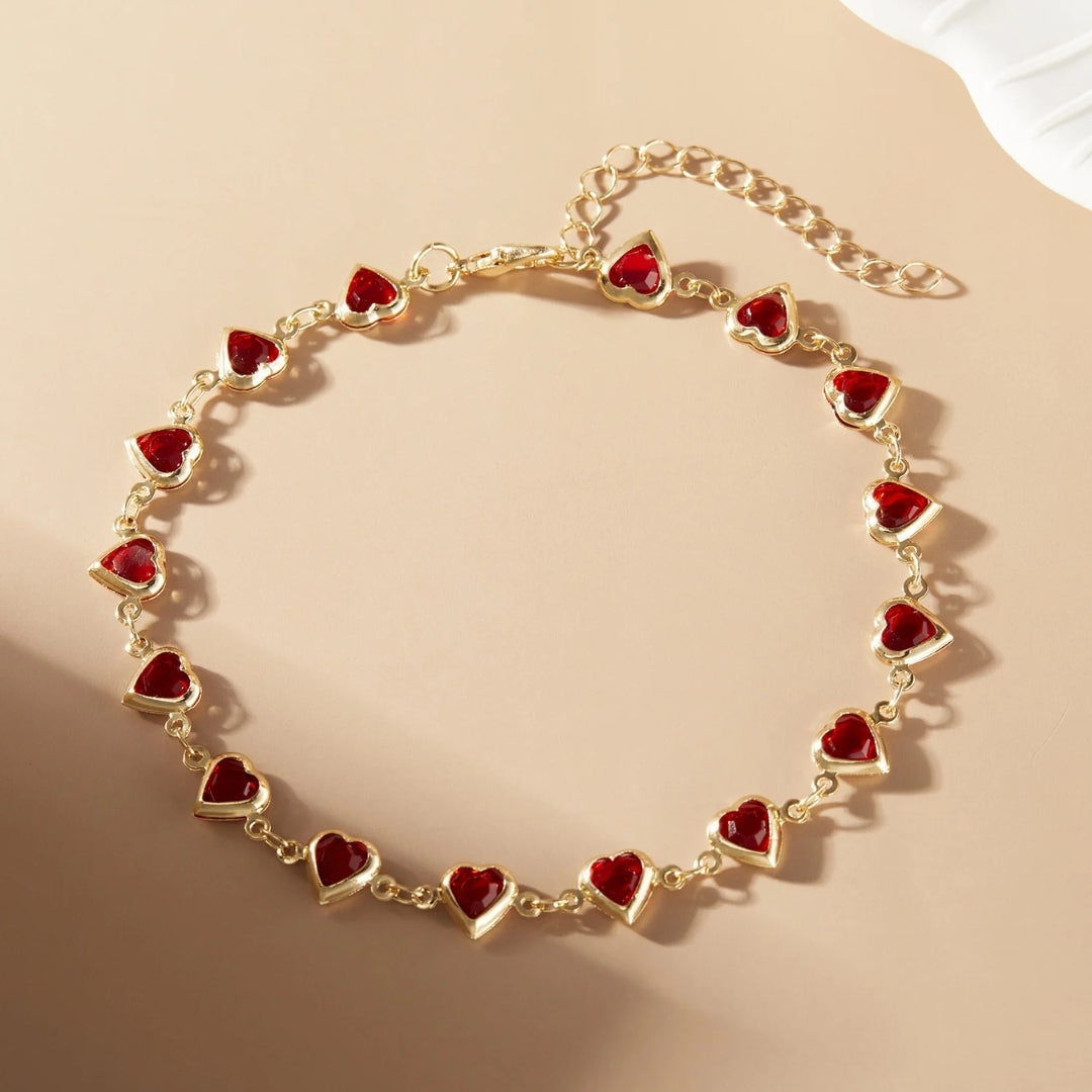 Pulsera Vintage de Oro Corazones Rojos