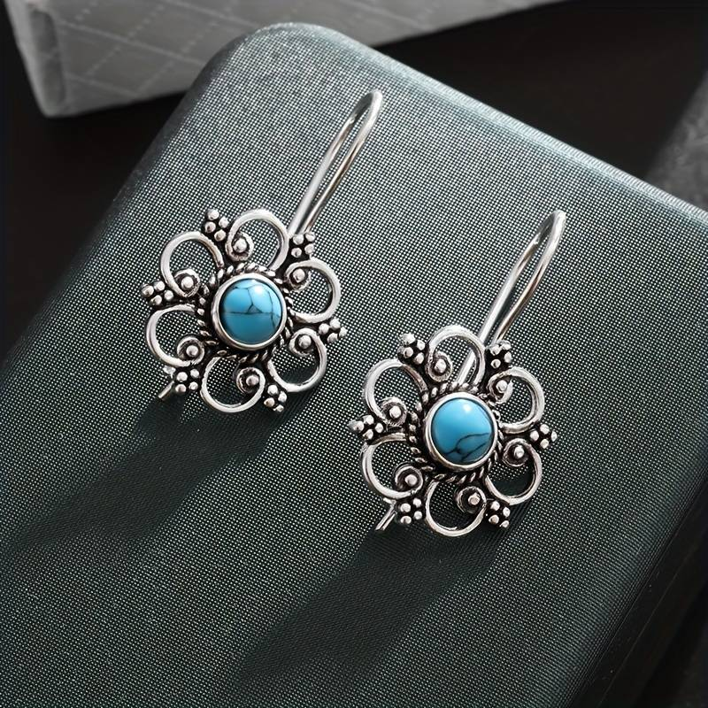 Aretes Flor Azul Vintage Plateada