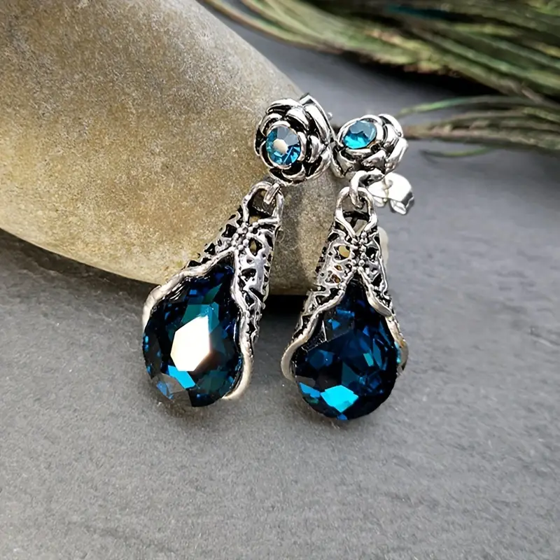 Aretes Gota Azul en Plata Vintage