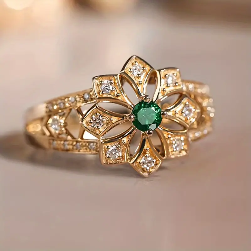 Anillo Mandala Brillante Dorado con Cristal Verde