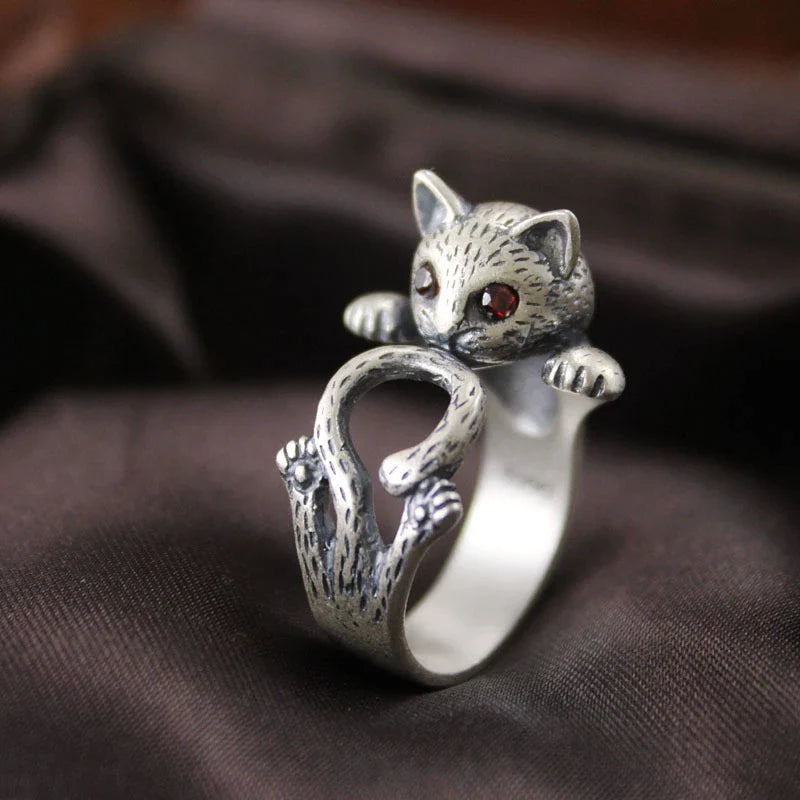 Anillo Ajustable Gato Pintado a Mano en Plata 925