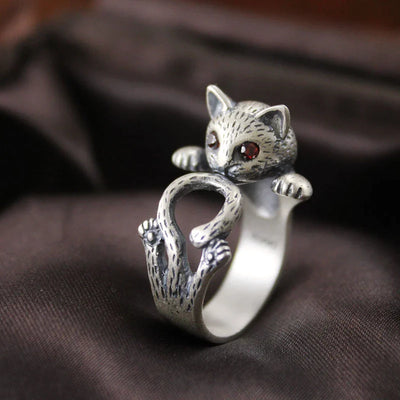 Anillo Ajustable Gato Pintado a Mano en Plata 925
