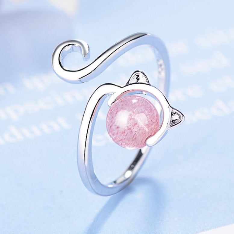 Anillo Ajustable Gatita Rosa de Plata 925 y Ágata