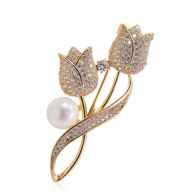 Broche Tulipán Brillante con Perla en Oro y Plata