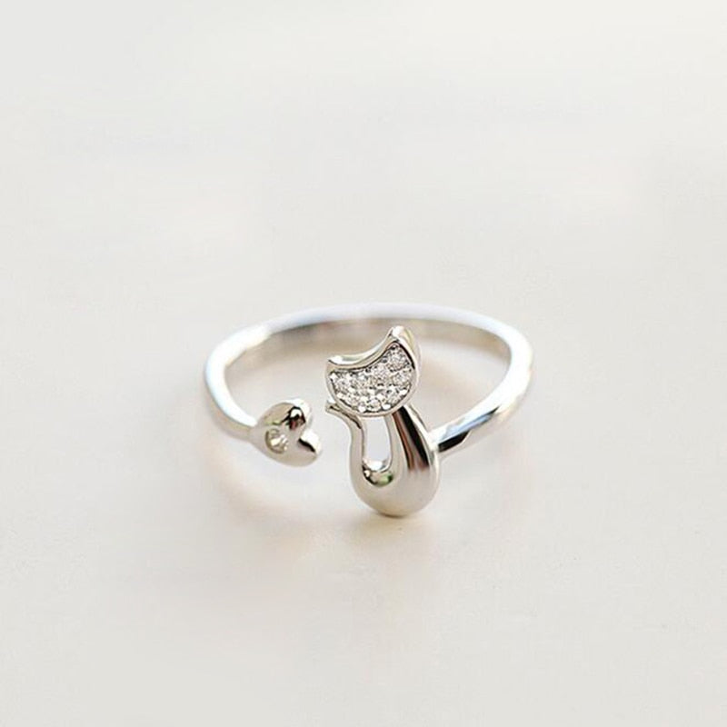 Anillo Gato Ajustable en Plata y Circonitas