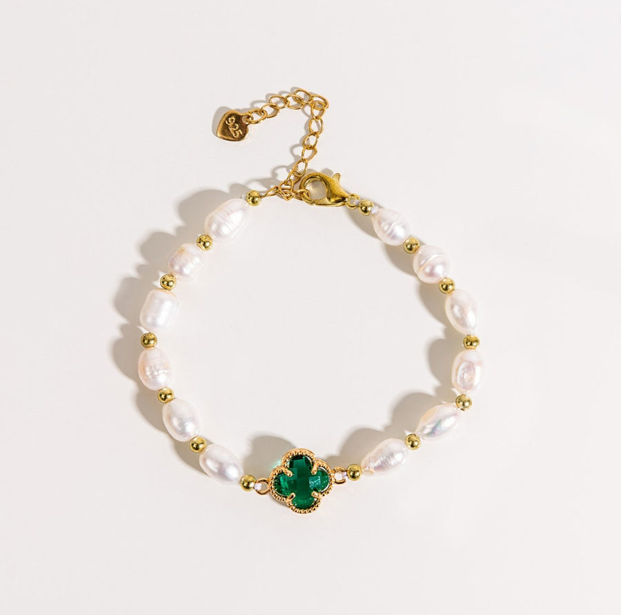 Brazalete de Trébol con Esmeralda y Perlas en Oro