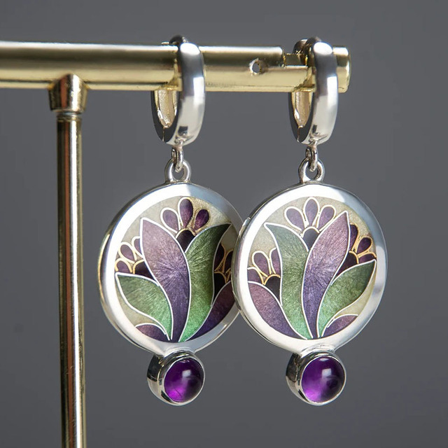 Aretes Vintage con Esmalte y Cristal Morado